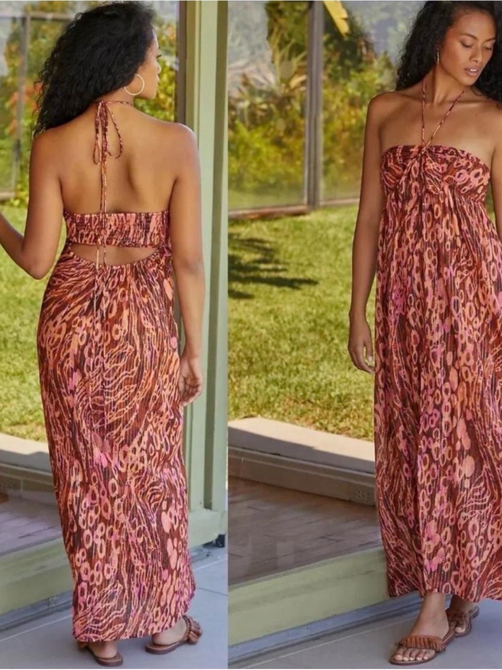 Anthropologie Pink and Brown Strapless Printed Maxi Dress